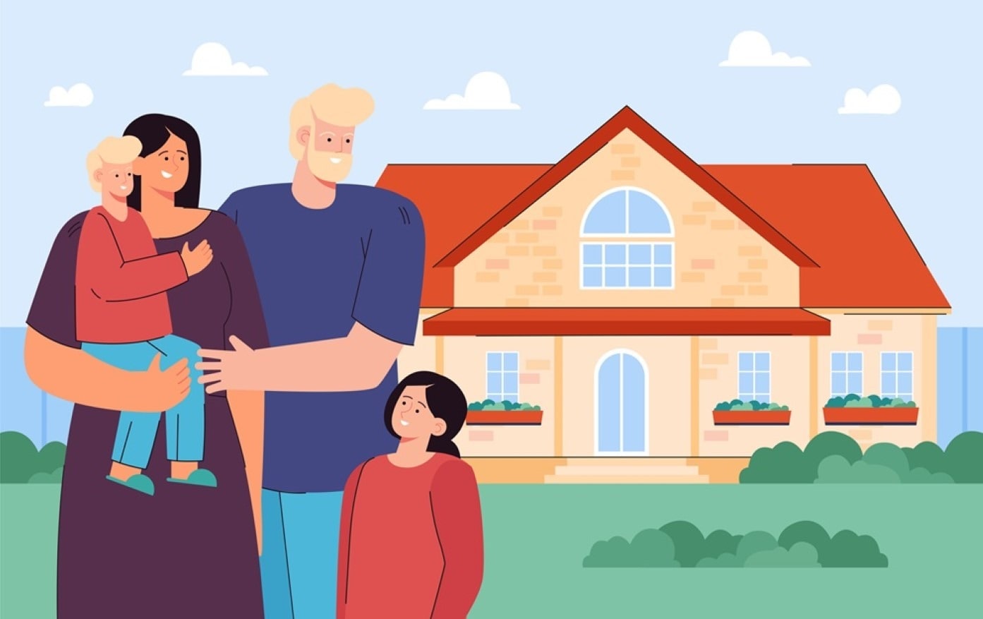 Cartoon mother and father with children in front of house